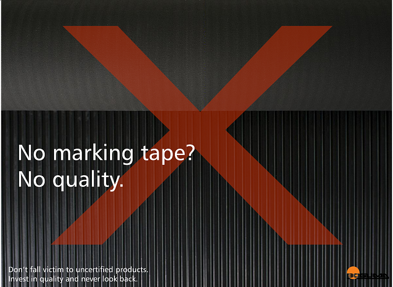 <p>An image highlighting the importance of a marking tape containing the IEC certification. Do not invest in mats without IEC certification.</p>
